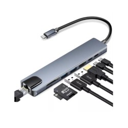 HT8P | ADAPTADOR PARA LAPTOP PC MAC - HUB MULTIFUNCION TIPO C DE 8 PUERTOS (PD/USB3 X2/HDMI/TIPOC/SD/TF/RJ45