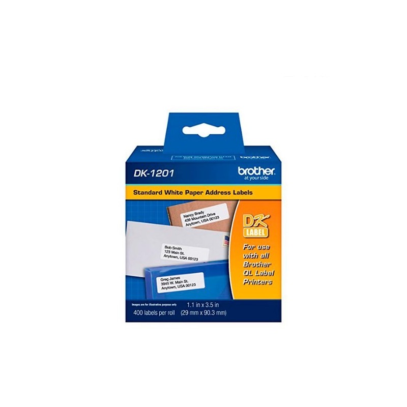 ETIQUETA BROTHER DK-1201 PRE CORTADAS 400 ETIQUETAS FONDO BLANCO LETRAS NEGRAS 29MM X 90MM