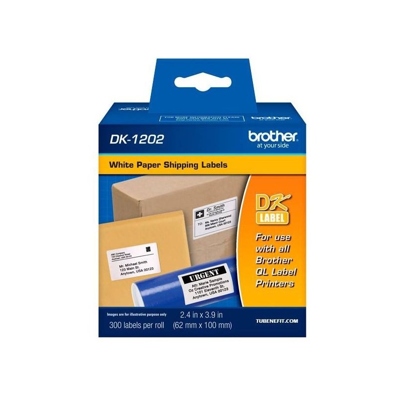 ETIQUETA BROTHER DK-1202 PRE CORTADAS 300 ETIQUETAS FONDO BLANCO LETRAS NEGRAS 62MM X 100MM