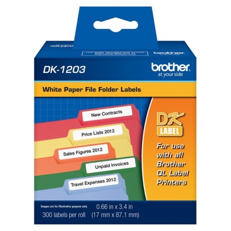 ETIQUETAS BROTHER DK-1203 PRE CORTADAS 300 ETIQUETAS FONDO BLANCO LETRAS NEGRAS 17MM X 87MM