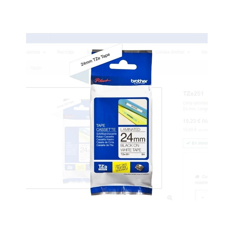 Cinta BROTHER TZE-25124MM 8M NEGRO SOBRE BLANCO 1"