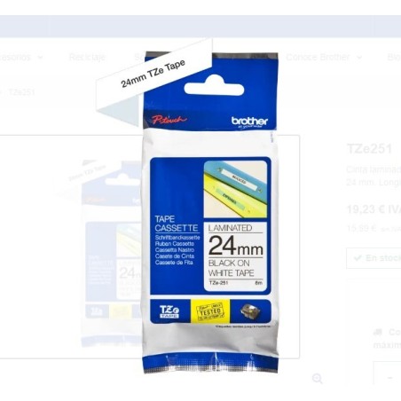 Cinta BROTHER TZE-25124MM 8M NEGRO SOBRE BLANCO 1"