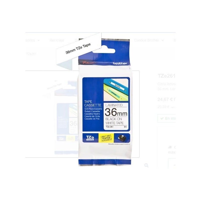 Cinta BROTHER TZE-261 36MM 8M NEGRO SOBRE BLANCO 1.5"
