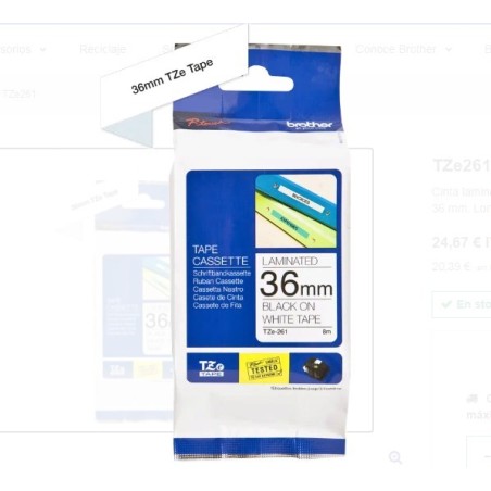 Cinta BROTHER TZE-261 36MM 8M NEGRO SOBRE BLANCO 1.5"