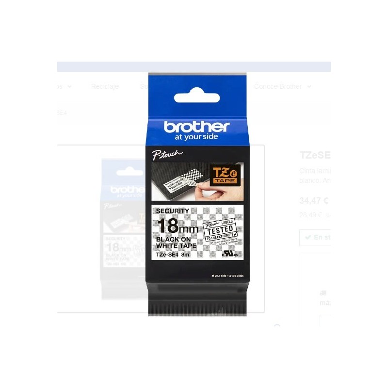 TZE-SE4 |CINTA BROTHER  DE SEGURIDAD FONDO BLANCO CON LETRAS NEGRAS  DE 18MM X 8M