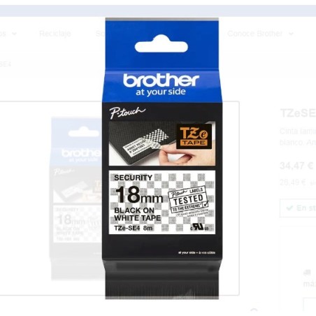 TZE-SE4 |CINTA BROTHER  DE SEGURIDAD FONDO BLANCO CON LETRAS NEGRAS  DE 18MM X 8M