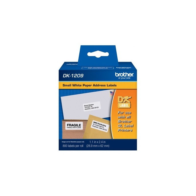 ETIQUETA BROTHER DK-1209 PRE CORTADO 800 ETIQUETAS FONDO BLANCO LETRAS NEGRAS 28.9 mm x 62 mm