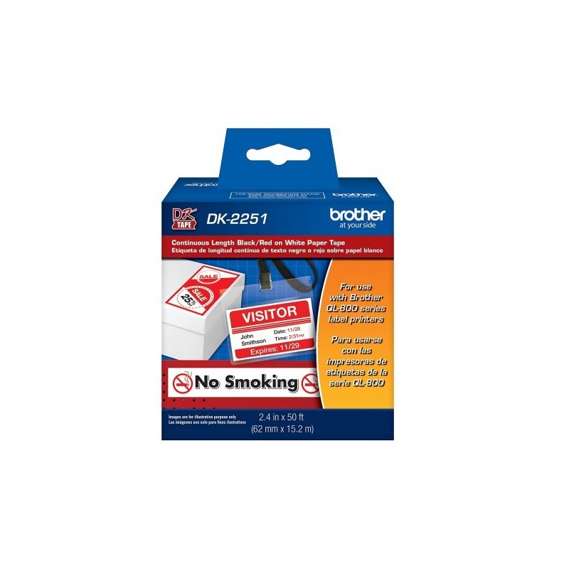 ETIQUETA BROTHER DK-2251 ROLLO CONTINUO FONDO BLANCO LETRAS NEGRA-ROJO 62MM X 15.2M