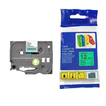 CINTA COMPATIBLE TZc-731 LAMINADA FONDO VERDE CON LETRAS NEGRAS DE 12MM X 8M