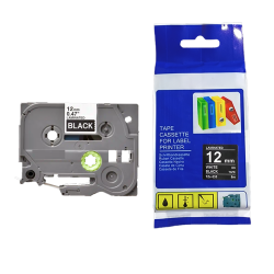 CINTA COMPATIBLE TZc-335 LAMINADA FONDO NEGRO CON LETRAS BLANCAS 12MM X 8M