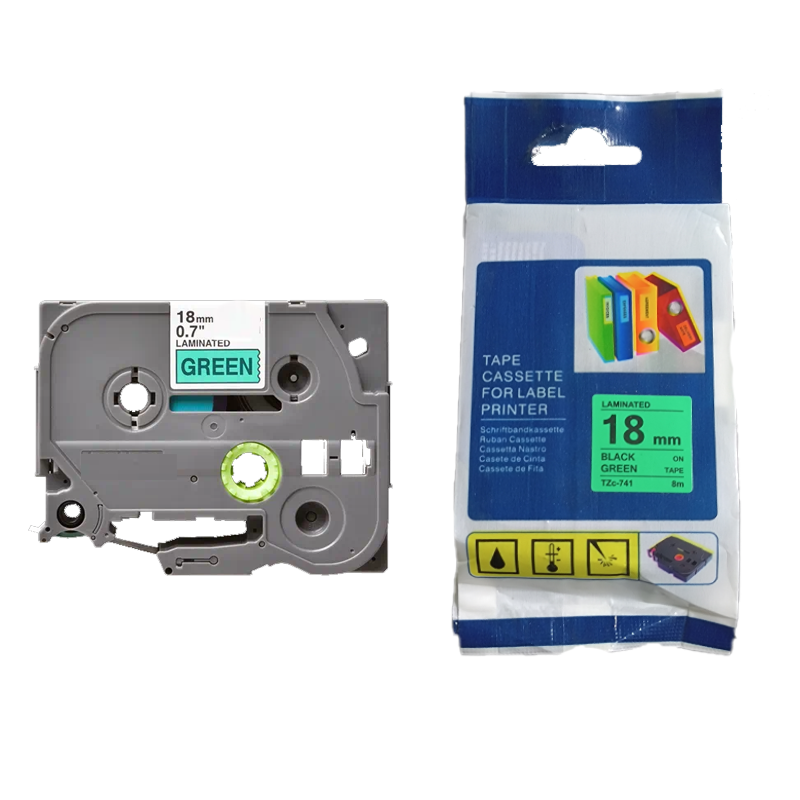 CINTA COMPATIBLE TZc-741 LAMINADA DE FONDO VERDE CON LETRAS NEGRAS 18MM X 8M