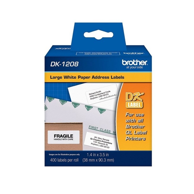 ETIQUETAS BROTHER DK-1208 PRE CORTADAS 400 ETIQUETAS FONDO BLANCO LETRA NEGRA 38MM X 90.3MM