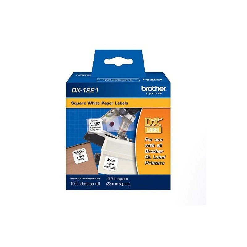 ETIQUETA BROTHER DK-1221PRE CORTADAS 1000 ETIQUETAS FONDO BLANCO CON LETRAS NEGRAS 23MM X 23MM