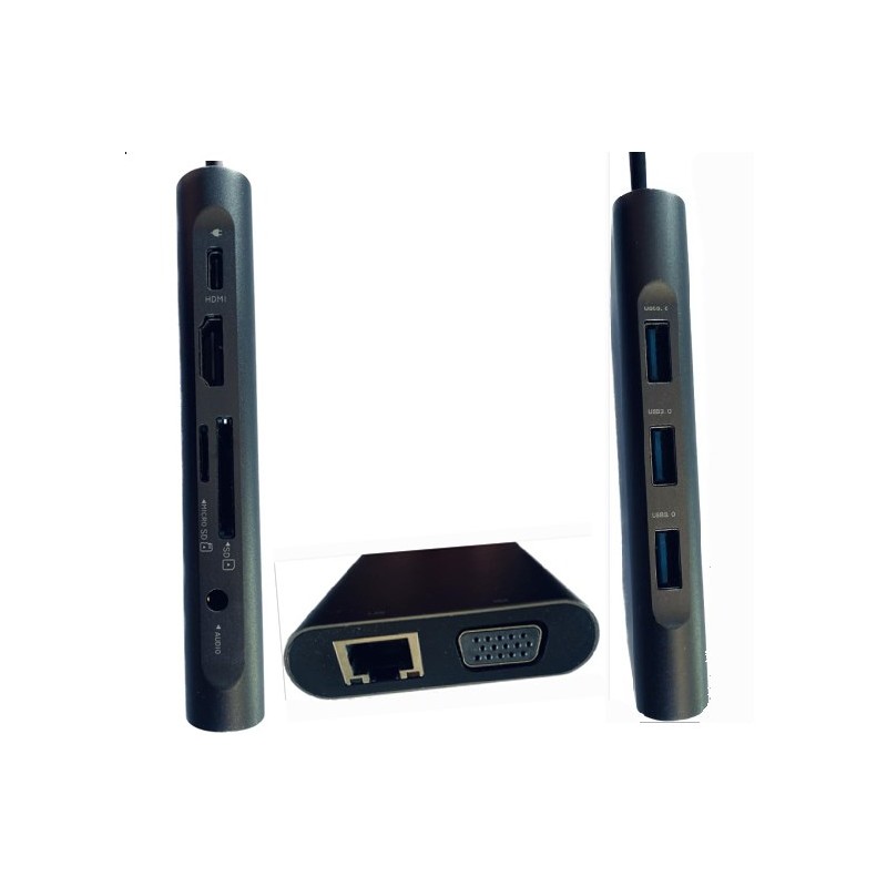 HT10P | ADAPTADOR PARA PC MAC - HUB MULTIFUNCION TIPO C DE 10 PUERTOS (HDMI/USB3 X3/TIPOC/SD/TF/RJ45/VGA/AUDIO