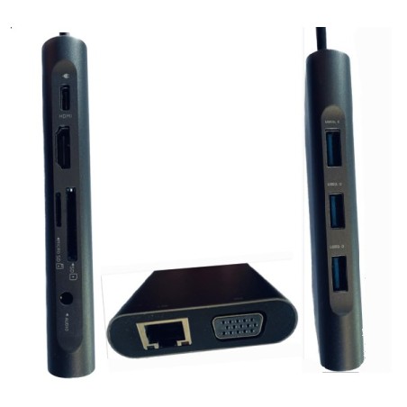 HT10P | ADAPTADOR PARA PC MAC - HUB MULTIFUNCION TIPO C DE 10 PUERTOS (HDMI/USB3 X3/TIPOC/SD/TF/RJ45/VGA/AUDIO
