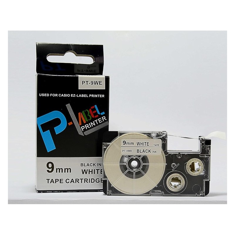 CINTA COMPATIBLE CASIO PT-9WE  FONDO BLANCO LETRAS NEGRAS 9MM X 8M