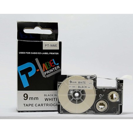 CINTA COMPATIBLE CASIO PT-9WE  FONDO BLANCO LETRAS NEGRAS 9MM X 8M