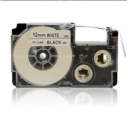 CINTA CASIO COMPATIBLE PT-12WE FONDO BLANCO CON LETRAS NEGRAS 12MM X 8M