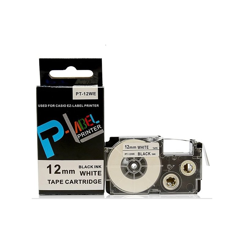 CINTA CASIO COMPATIBLE PT-12WE FONDO BLANCO CON LETRAS NEGRAS 12MM X 8M
