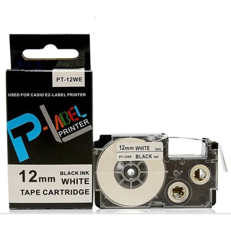 CINTA CASIO COMPATIBLE PT-12WE FONDO BLANCO CON LETRAS NEGRAS 12MM X 8M