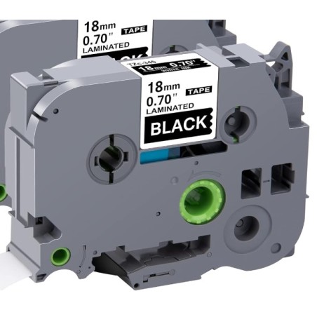 CINTA COMPATIBLE TZC-345 SUPER ADHESIVAS DE FONDO NEGRO CON LETRAS BLANCO 18MM X 8M