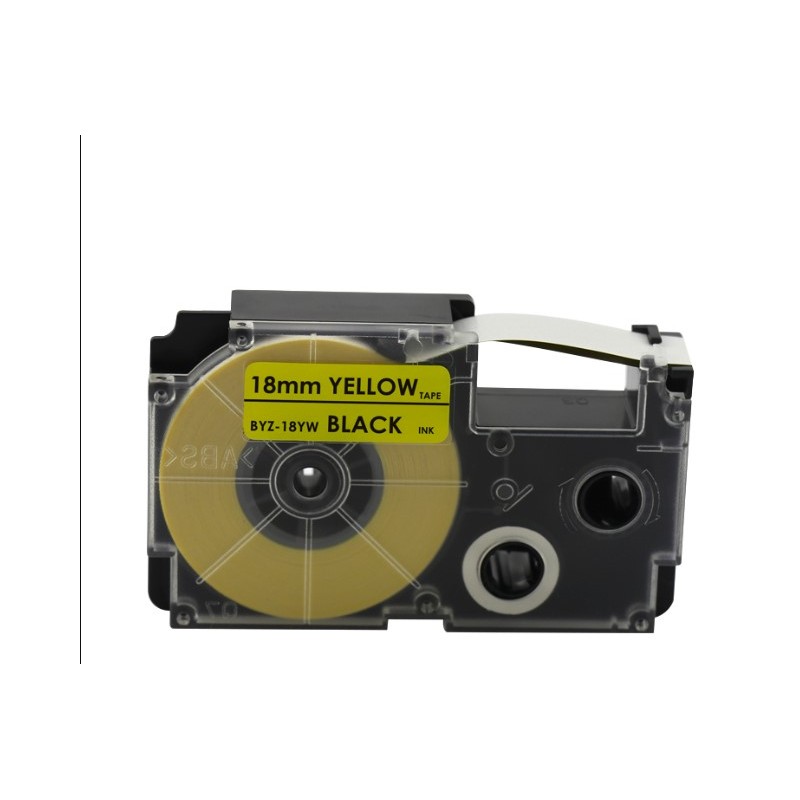CINTA COMPATIBLE XR18YW CASIO FONDO AMARILLO LETRA NEGRA DE 18MM X 8M