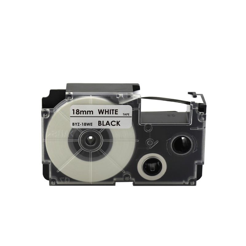 CINTA COMPATIBLE CASIO XR-18WE  FONDO BLANCO CON LETRAS NEGRAS DE 18MM X 8M