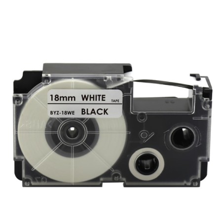 CINTA COMPATIBLE CASIO XR-18WE  FONDO BLANCO CON LETRAS NEGRAS DE 18MM X 8M