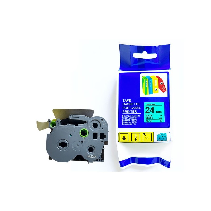 CINTA COMPATIBLE TZC-S751 SUPER ADHESIVAS DE FONDO VERDE CON LETRAS NEGRAS DE 24MM POR 8 METROS