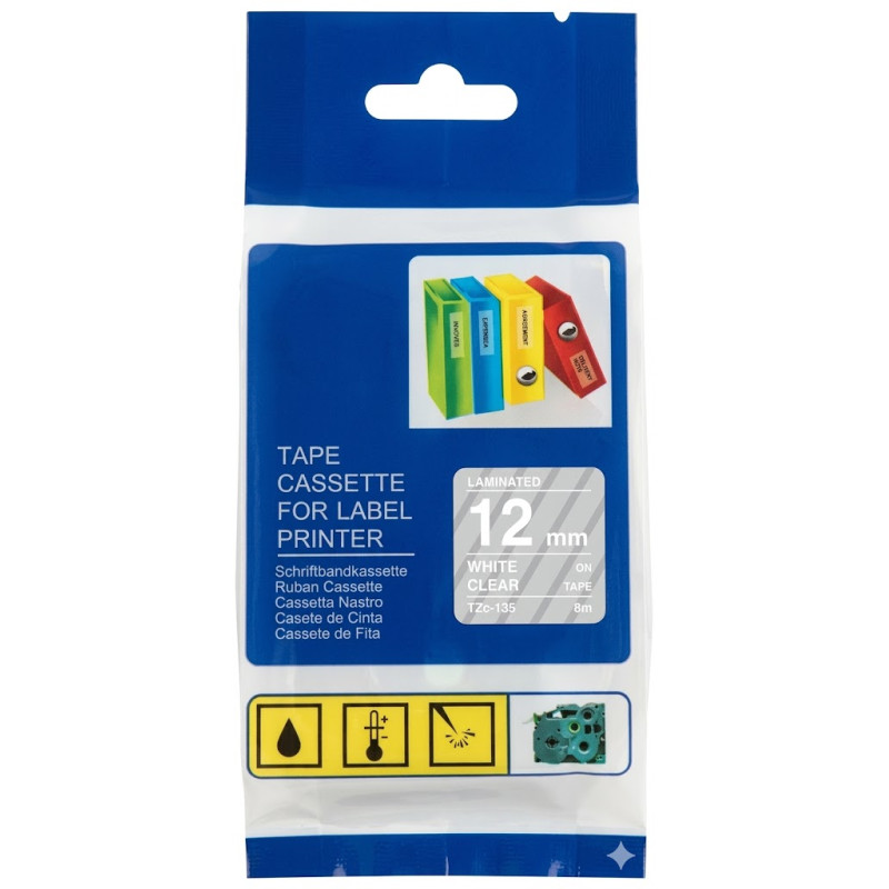 TZc-135 CINTA COMPATIBLE PARA ROTULADORA ADHESIVAS DE FONDO TRANSPARENTE CON LETRAS BLANCAS 12MM X 8M