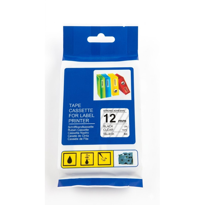 CINTA COMPATIBLE TZc-S131 SUPER ADHESIVAS DE FONFO TRANSPARENTE CON LETRAS NEGRAS 12MM X 8METROS