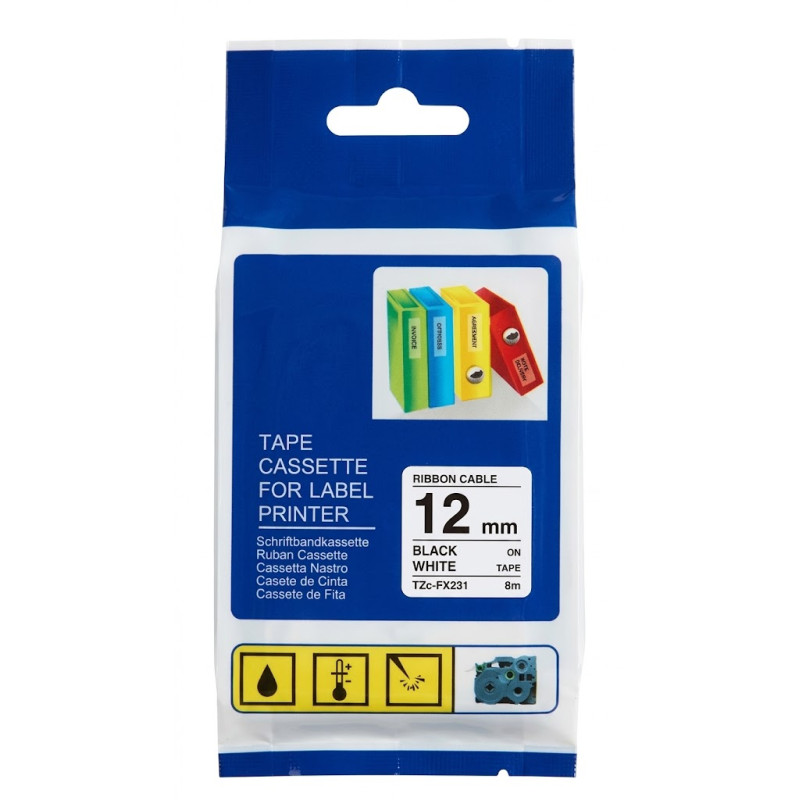 CINTA COMPATIBLE TZc-FX231 FONDO BLANCO CON LETRAS NEGRAS DE 12MM (1/2") ID FLEXIBLE