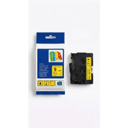 CINTA COMPATIBLE TZc-S621 SUPER ADHESIVAS DE FONDO AMARILLO CON LETRAS NEGRAS 9MM X 8M