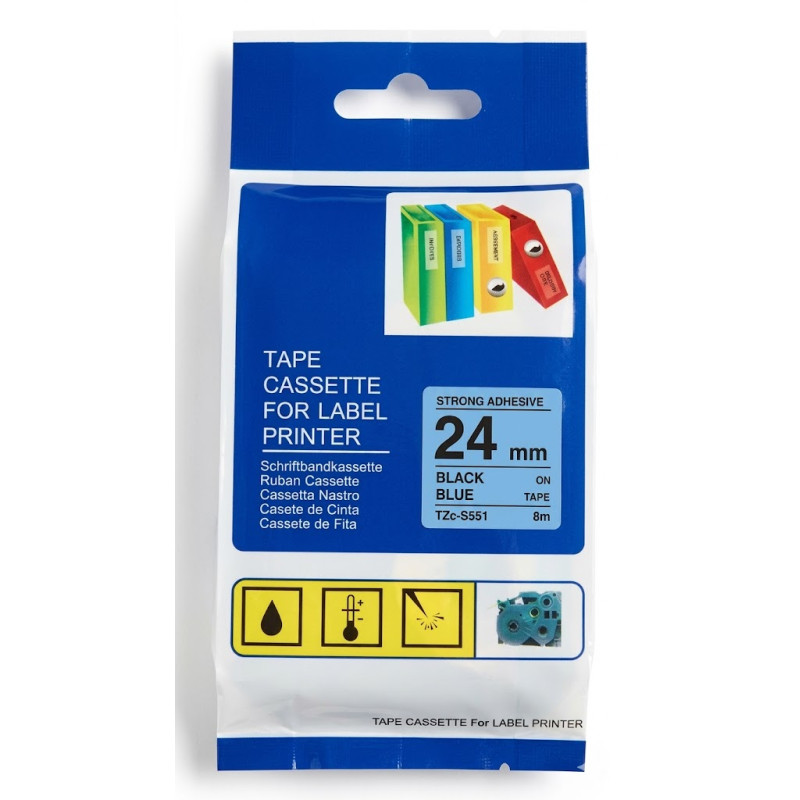 CINTA COMPATIBLE TZC-S551 SUPER ADHESIVAS DE FONFO AZUL CON LETRAS NEGRO DE 24MM POR 8METROS