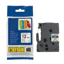 TZc-S231 CINTA COMPATIBLE SUPER ADHESIVA DE FONDO BLANCO CON LETRAS NEGRAS 12MM X 8M