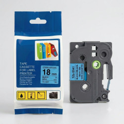 CINTA COMPATIBLE TZc-S541 SUPER ADHESIVA DE FONDO AZUL CON LETRAS NEGRAS DE 18MM X 8M