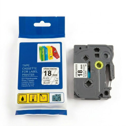 CINTA COMPATIBLE TZc-S141 SUPER ADHESIVA FONDO TRANSPARENTE CON LETRAS NEGRAS 18MM X 8M