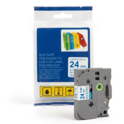 CINTA COMPATIBLE TZC-S253 SUPER ADHESIVAS DE FONFO BLANCO CON LETRAS AZUL DE 24MM x 8METROS