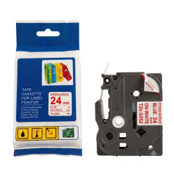 CINTA COMPATIBLE TZC-S252 SUPER ADHESIVAS DE FONFO BLANCO CON LETRA ROJO DE 24MM X 8M