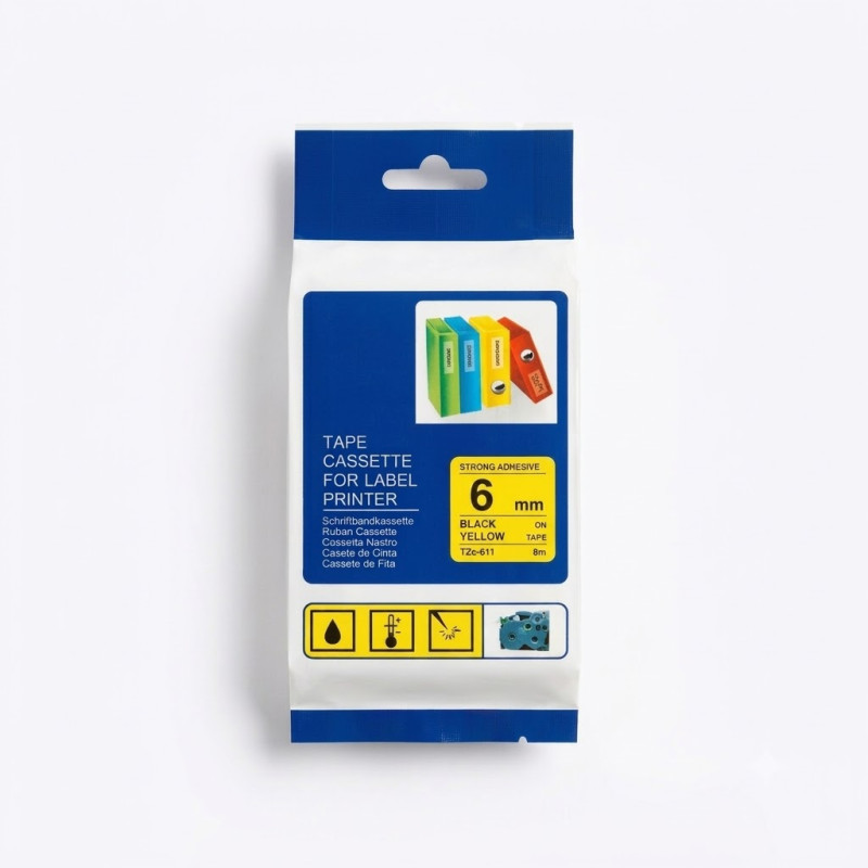 CINTA COMPATIBLE TZC-611 FONDO AMARILLO CON LETRAS NEGRAS DE 6MM X 8M