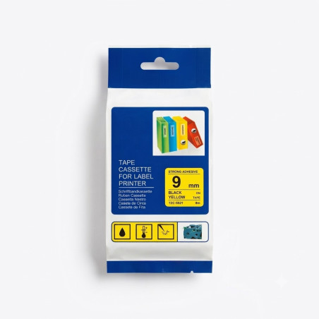 CINTA COMPATIBLE TZc-S621 SUPER ADHESIVAS DE FONDO AMARILLO CON LETRAS NEGRAS 9MM X 8M