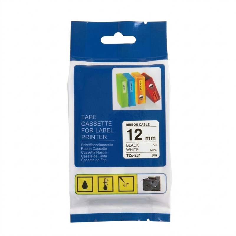 TZc-231 CINTA COMPATIBLE PARA ROTULADORA  ADHESIVAS DE FONDO BLANCO CON LETRAS NEGRAS 12MM X 8M