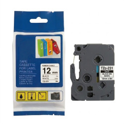 TZc-231 CINTA COMPATIBLE PARA ROTULADORA  ADHESIVAS DE FONDO BLANCO CON LETRAS NEGRAS 12MM X 8M