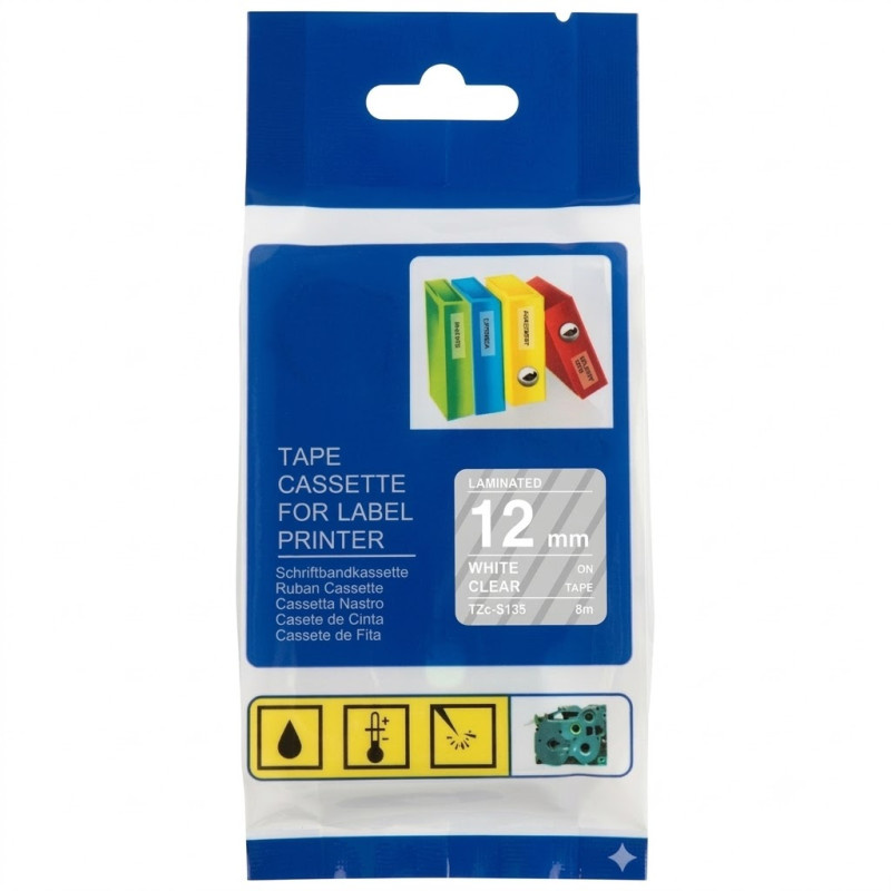 CINTA COMPATIBLE TZc-S135 SUPER ADHESIVAS FONDO TRANSPARENTE CON LETRAS BLANCAS DE 12MM X 8M