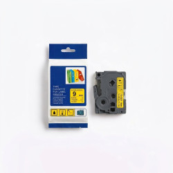 CINTA COMPATIBLE TZc-S621 SUPER ADHESIVAS DE FONDO AMARILLO CON LETRAS NEGRAS 9MM X 8M