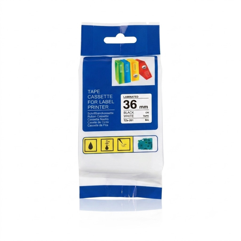 CINTA COMPATIBLE TZc-261 DE FONDO BLANCO CON LETRAS NEGRAS 36MM X 8M