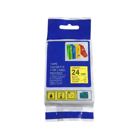 CINTA COMPATIBLE TZc-S651 SUPER ADHESIVAS FONDO AMARILLO CON LETRAS NEGRAS 24MM X 8M