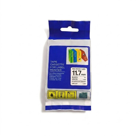 CINTA COMPATIBLE HSc-231 TUBO TERMOCONTRAIBLE FONDO BLANCO CON LETRAS NEGRAS DE 11.7MM X 1.5M