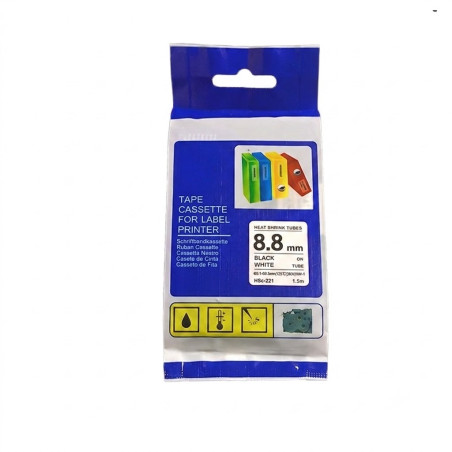CINTA COMPATIBLE HSC-221 TUBO TERMOCONTRAIBLE FONDO BLANCO CON LETRAS NEGRAS DE 8.8MM X 1.5M
