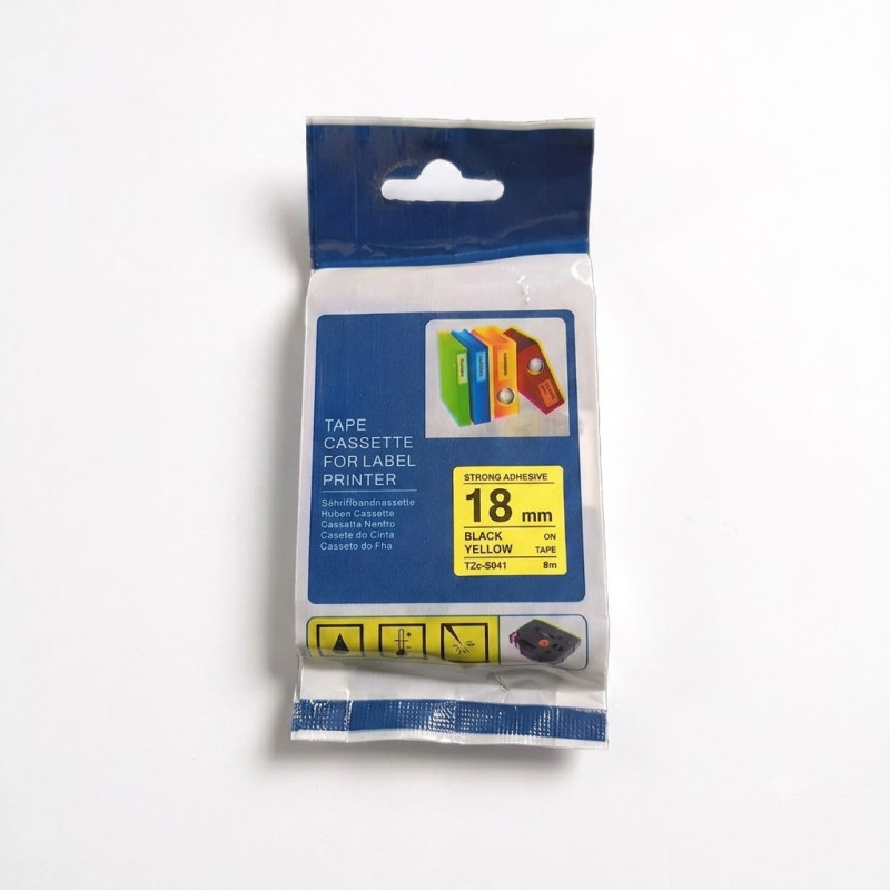 CINTA COMPATIBLE TZc-S641 SUPER ADHESIVA FONDO AMARILLO CON LETRAS NEGRAS DE 18MM X 8M